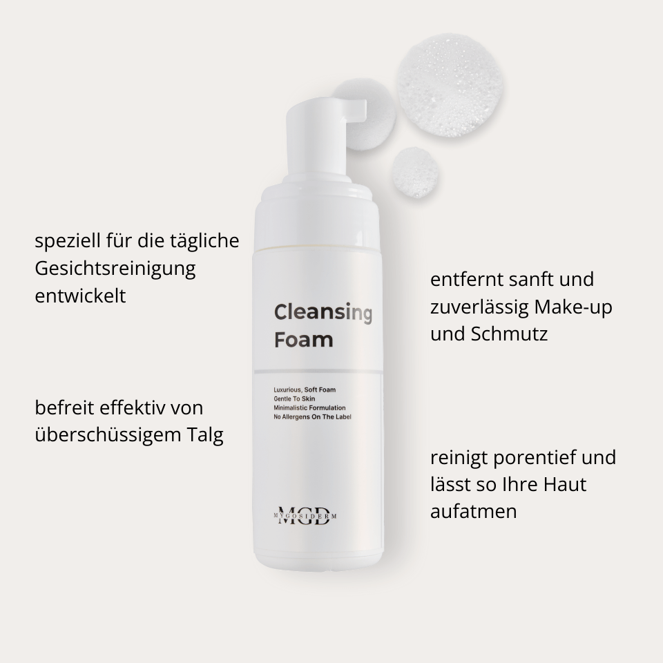 Cleansing Foam – Produktflasche mit Beschreibung der Reinigungswirkung