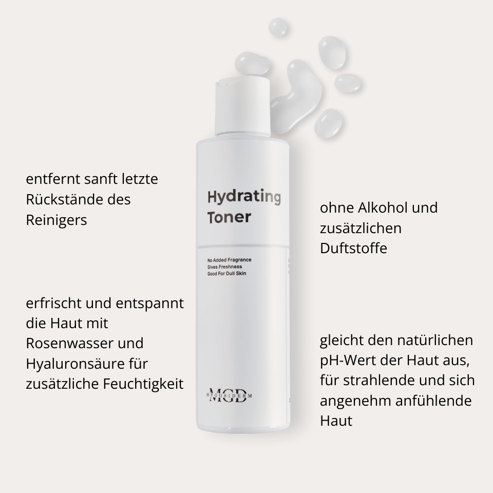 Hydrating Toner – Flasche mit Beschreibung von Rosenwasser und Hyaluronsäure