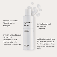 Hydrating Toner – Flasche mit Beschreibung von Rosenwasser und Hyaluronsäure