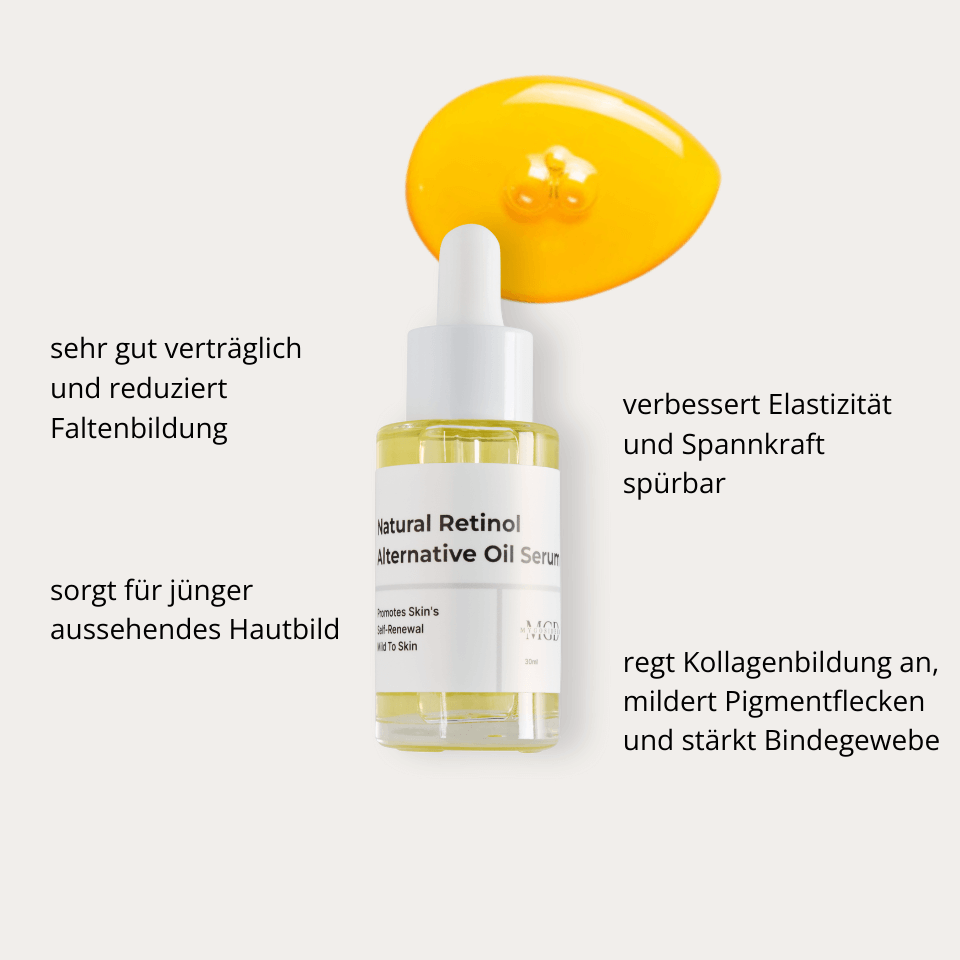 Natural Retinol Alternative Oil Serum – Flasche mit Beschreibung der Pflegewirkung