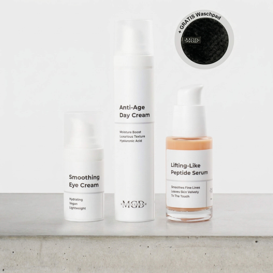 Smoothing Anti-Aging Set – Augencreme, Anti-Age Day Cream und Peptide Serum mit Gratis-Waschpad