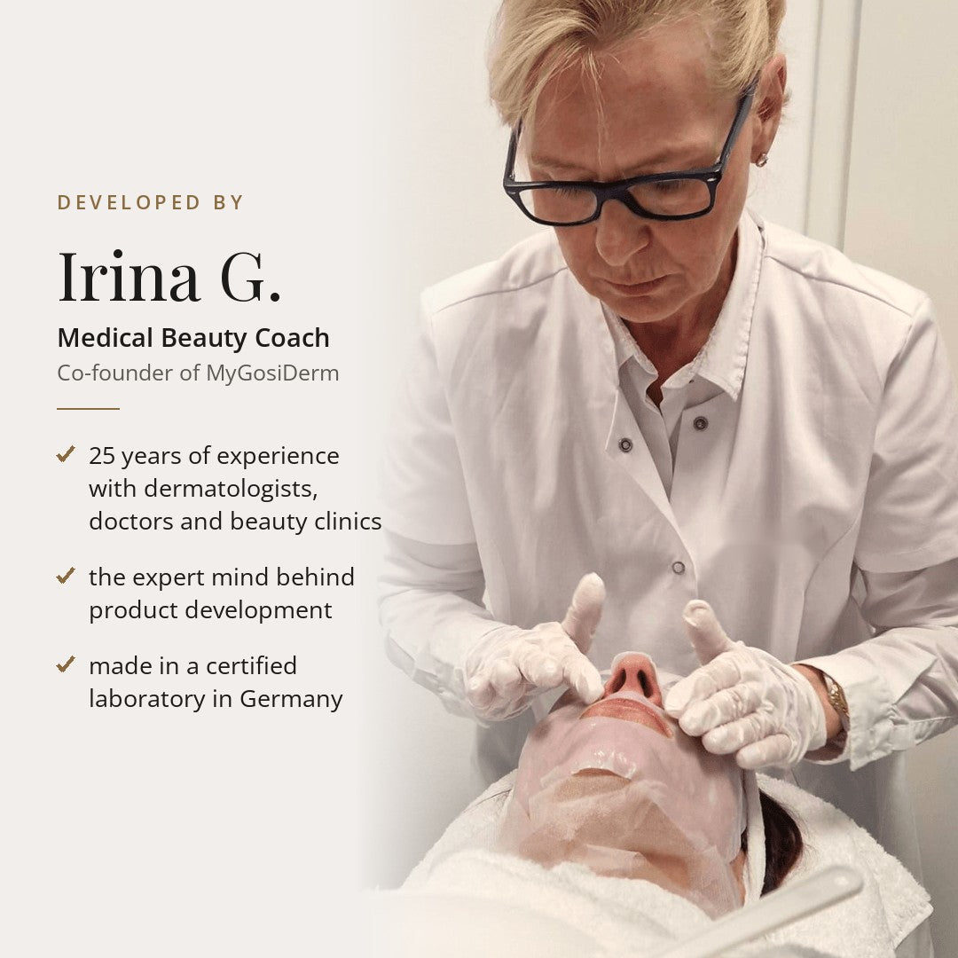 Irina G., Medical Beauty Coach and developer of the Lifting Power Set, during a treatment with a collagen sheet mask