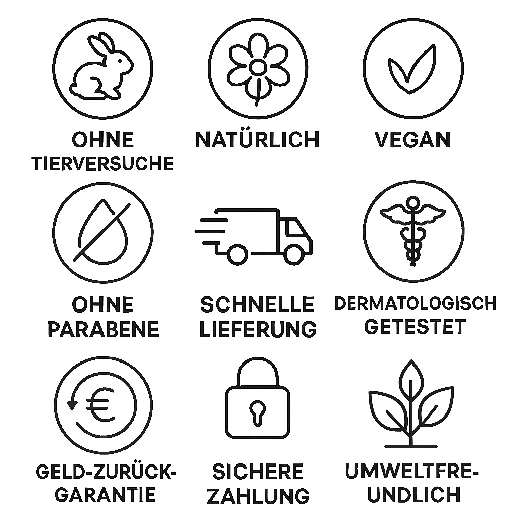 MyGosiDerm Qualitätsmerkmale – Symbole für vegan, ohne Parabene, dermatologisch getestet