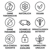 MyGosiDerm Qualitätsmerkmale – Symbole für vegan, ohne Parabene, dermatologisch getestet