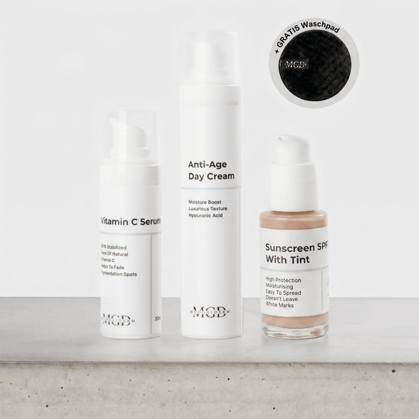 Anti-Pigment Spot Set – Vitamin C Serum, Anti-Age Day Cream und Sunscreen mit Gratis-Waschpad
