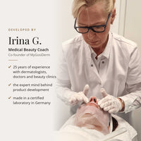 Irina G., Medical Beauty Coach and developer of the Lifting Power Set, during a treatment with a collagen sheet mask