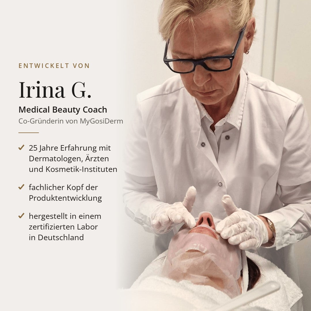 Irina G., Medical Beauty Coach und Entwicklerin des Lifting Power Set, bei einer Behandlung mit Kollagen-Vliesmaske